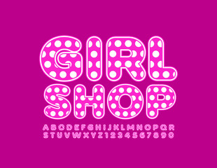 Vector pink logo Girl Shop with Uppercase Font. Alphabet Letters and Numbers with dot pattern