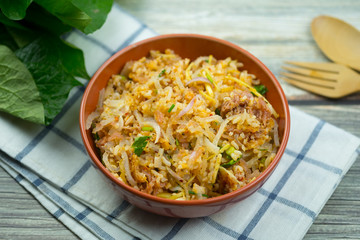 Thai food (Yam Naem Khao Tod) recipe spicy salad of curried rice croquettes