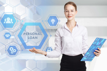 The concept of business, technology, the Internet and the network. A young entrepreneur working on a virtual screen of the future and sees the inscription: Personal loan