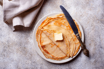 Pancakes crepes on light background
