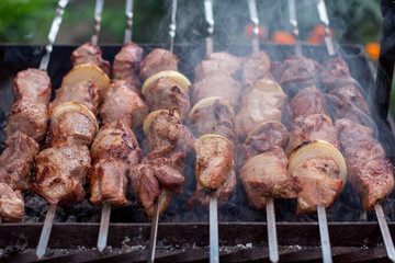The meat is fried barbecue on a skewer in the garden with smoke