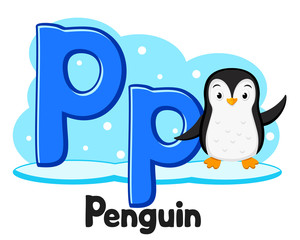 Alphabet animals, the penguin on the ice waving the letter AA on a white. Preschool education.