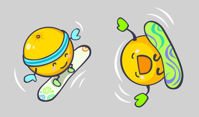 Snowboarding orange vector doodles. Orange cartoon fun icons. Snowboard icon.