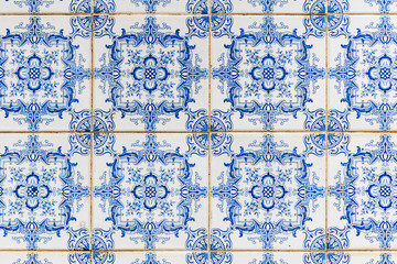 Nazare, Portugal - July 17, 2019: Weathered typical Portuguese blue tiles, aka azulejos