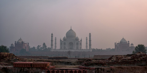 Panoramic beautiful Taj Mahal in the Indian city of Agra, Uttar Pradesh, India.