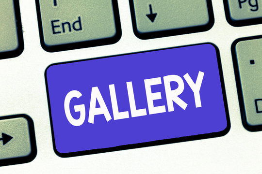 Writing note showing Gallery. Business photo showcasing Room Building Display Sale works of art Exhibition Museum wall.