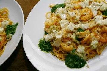 plate with pasta and seafood