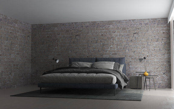 The interior design of loft bedroom interior design and brick wall background