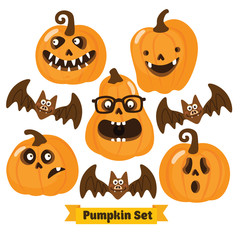 Halloween funny Pumpkin vector icons set. Simple flat style design. Halloween Pumpkin vector. Pumpkin head. Vector illustration. Child cartoon pumpkin