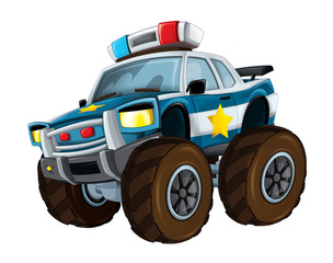 Cartoon police car like monster truck on white background - illustration for children