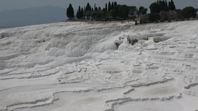 Pamukkale, Denizli, Turkey - 16th of July 2019: 4K Zoom in sliding above formation of sinter terraces