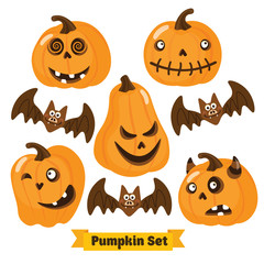 Fototapeta premium Halloween funny Pumpkin vector icons set. Simple flat style design. Halloween Pumpkin vector. Pumpkin head. Vector illustration. Child cartoon pumpkin