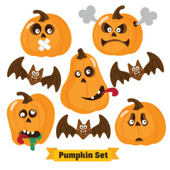 Halloween funny Pumpkin vector icons set. Simple flat style design. Halloween Pumpkin vector. Pumpkin head. Vector illustration. Child cartoon pumpkin