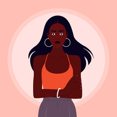 Portrait of a nervous African girl. Excited woman crossed her arms.  Shock and stress. Vector flat illustration