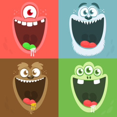 Cartoon monster faces set. Vector set of four Halloween monster faces
