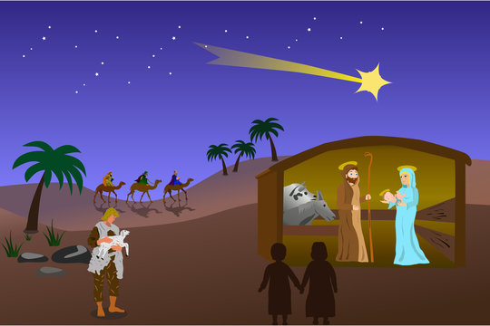 Arrivo dei magi presso la capanna dove è nato Gesù guidati dalla stella cometa 