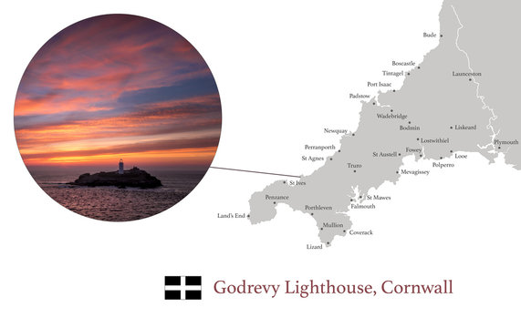 Map of Cornwall, featuring photographic image of Godrevy Lighthouse, and key towns in Cornwall marked on map.