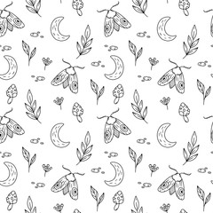 Seamless pattern with moon, leaves, moth. Mysterious wood illustration.
