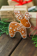 gingerbread. gifts and holiday, happy New Year. festive background. food background. top view. copy space