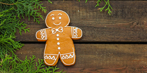 gingerbread. gifts and holiday, happy New Year. festive background. food background. top view. copy space