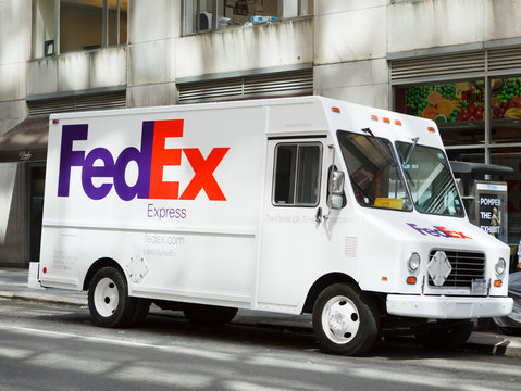 New York, New York, USA - June 30, 2011: A parked FedEx Express truck in midtown Manhattan. FedEx is one of the leading package delivery services offering many different delivery options.