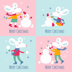 Vector set of Christmas greeting cards with cute white mice