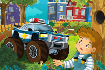 cartoon scene in the city with police car driving through the city to help child in the park - illustration for children