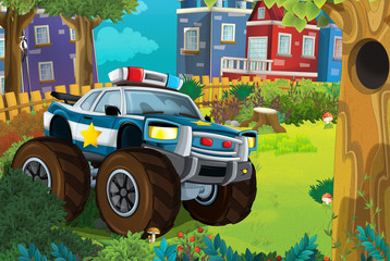 cartoon scene in the city with police car driving through the park patrolling - illustration for children