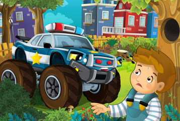 cartoon scene in the city with police car driving through the city to help child in the park - illustration for children