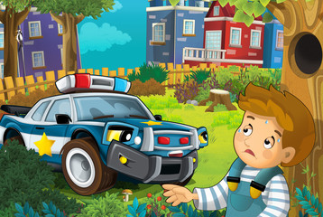 cartoon scene in the city with police car driving through the city to help child in the park - illustration for children