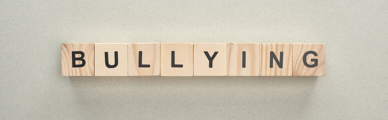 panoramic shot of wooden blocks with bullying lettering on grey background