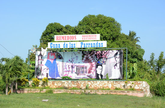 REMEDIOS, CUBA - JULY 27, 2016: Entrance sign to the city. Remedios is the Cradle of the Parrandas, possibly the Caribbean's largest and oldest traditional festival.