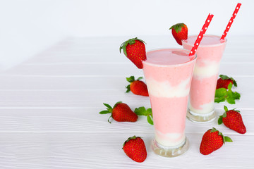 Strawberry smoothies colorful fruit juice beverage healthy the taste yummy In glass drink episode morning on white background.