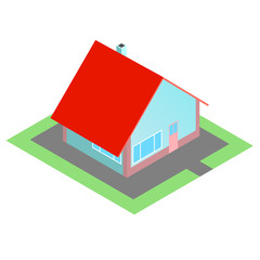 Illustration of a private house with a red roof and blue walls. Two windows and front door. Around the green area. Vector isometry with isolated background.