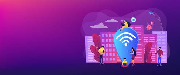 Surfing web, browsing through websites. Free internet, network. Public wi-fi hotspot, free wireless internet access, free wifi service concept. Header or footer banner template with copy space.