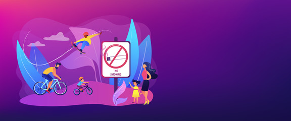 Weekend activities in park. Father riding bicycles with son. Active, healthy hobby. Smoke-free zone, no smoking area, tobacco free facility concept. Header or footer banner template with copy space.