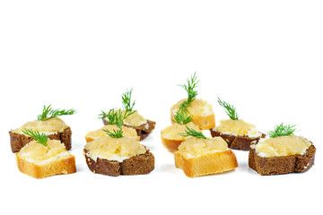 Bread pieces with delicious cod caviar on white background