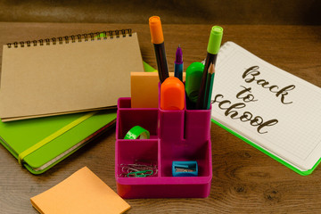 Education and back to school concept. Office and school accessories.