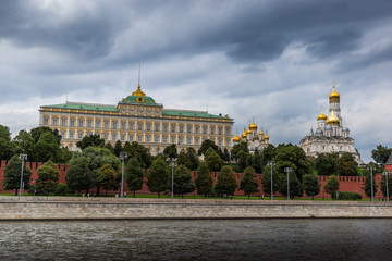 Landscape overlooking the river and buildings of the Moscow Kremlin.