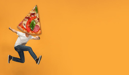 Fast food. Young caucasian people headed by pizza's slice and burgers or sandwiches running and...