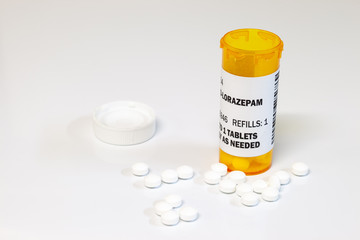 Prescription bottle with Lorezapam on a white background. Lorezapam is a generic prescription...