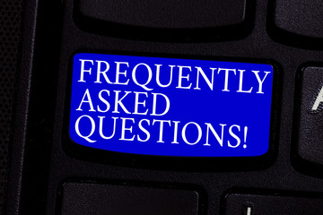 Writing note showing Frequently Asked Questions. Business photo showcasing most common inquiries...