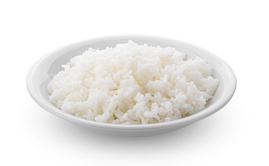 Cooked Jasmin Rice in white plate on white background