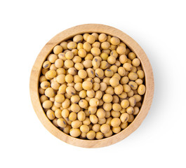 soybeans in wood bowl isolate on white background. top view