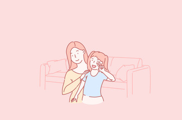 Concept Happy Family, Love, Parent and Child Relationship. Mother and child Daughter playing having fun together. Beautiful funny girl and mommy fun. Mothers day holiday. Cartoon flat Design Isolated