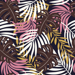Abstract seamless pattern with colorful tropical leaves and plants on blue background. Vector design. Jungle print. Floral background. Printing and textiles. Exotic tropics. Summer.