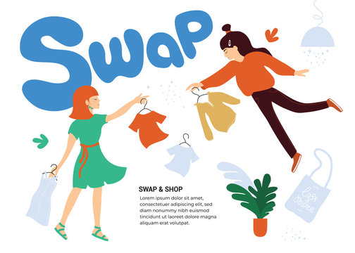 Vector illustration about swap and shop, event of exchange old wardrobe for new. Eco friendly party with two girls, exchange clothes, shoes and accessories. Template for banner, poster, layout, flyer.