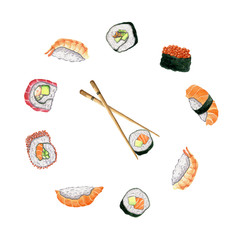 Watercolor sushi illustration. Illustrated Japanese food. Different kinds of sushi as rolls, maki, nigiri, chopsticks, sushi sticks and more. Rice and fish.  © Anastasiia