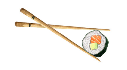 Watercolour chopsticks with sushi.  Closeup isolated on white background set. Hand painting on paper