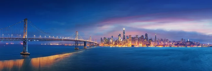Fotobehang San Francisco Bay Bridge and San Francisco downtown in wide panorama photo © dell